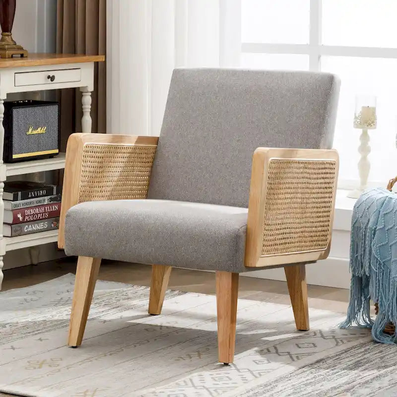 Fauteuil d'appoint en rotin avec accoudoirs et revêtement en tissu