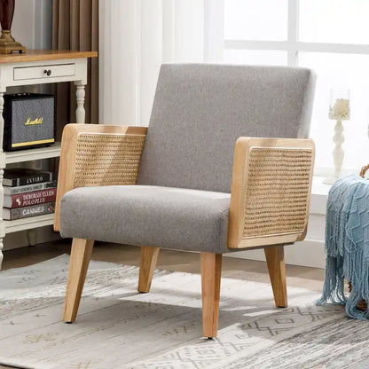 Fauteuil d'appoint en rotin avec accoudoirs et revêtement en tissu