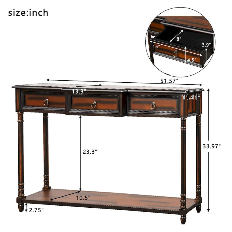 Console Nestfair en bois massif avec 3 tiroirs et une étagère
