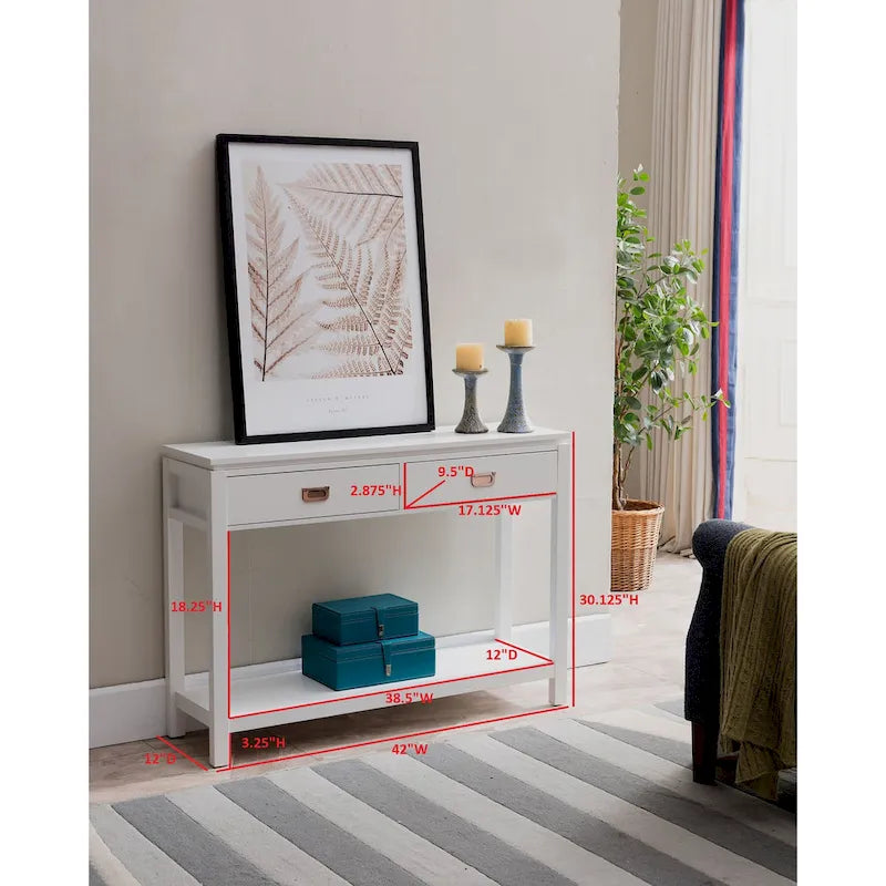 Console avec étagère de rangement et 2 tiroirs, blanche