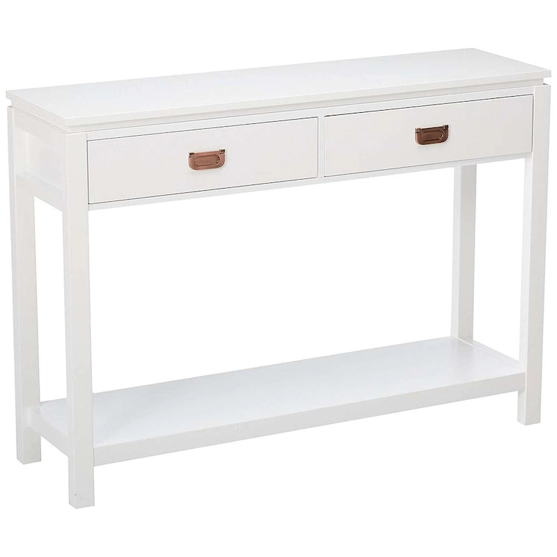 Console avec étagère de rangement et 2 tiroirs, blanche