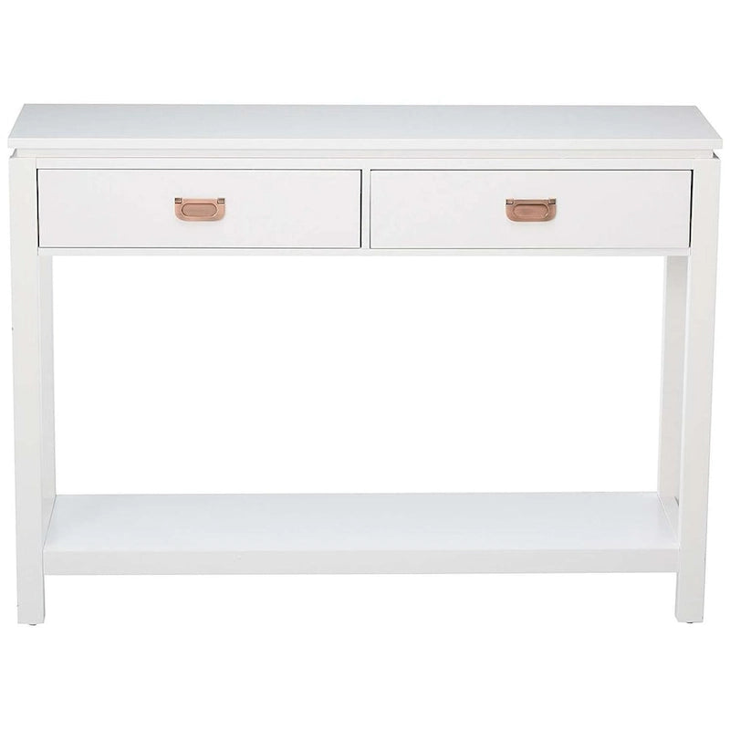 Console avec étagère de rangement et 2 tiroirs, blanche
