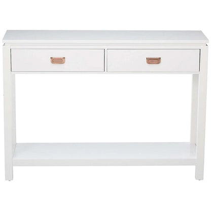 Console avec étagère de rangement et 2 tiroirs, blanche