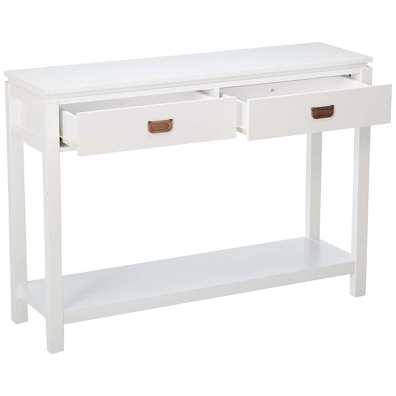 Console avec étagère de rangement et 2 tiroirs, blanche