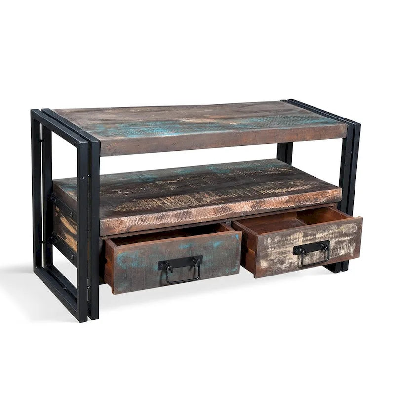Meuble TV artisanal en bois ancien recyclé avec double tiroir (Inde) - 41 x 15,75 x 23,5