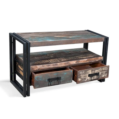 Meuble TV artisanal en bois ancien recyclé avec double tiroir (Inde) - 41 x 15,75 x 23,5