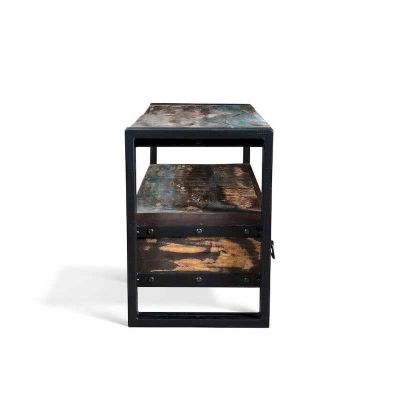 Meuble TV artisanal en bois ancien recyclé avec double tiroir (Inde) - 41 x 15,75 x 23,5