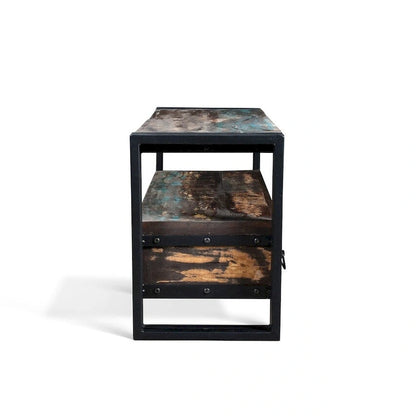 Meuble TV artisanal en bois ancien recyclé avec double tiroir (Inde) - 41 x 15,75 x 23,5