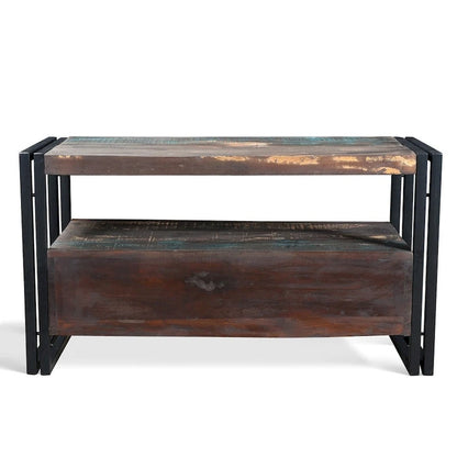 Meuble TV artisanal en bois ancien recyclé avec double tiroir (Inde) - 41 x 15,75 x 23,5