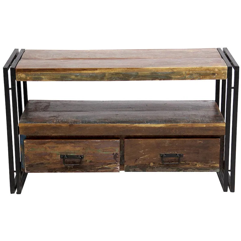 Meuble TV artisanal en bois ancien recyclé avec double tiroir (Inde) - 41 x 15,75 x 23,5