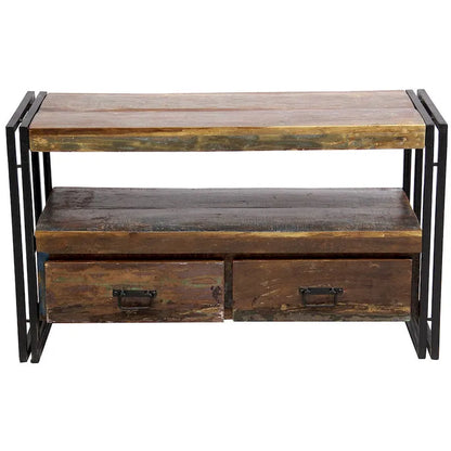 Meuble TV artisanal en bois ancien recyclé avec double tiroir (Inde) - 41 x 15,75 x 23,5