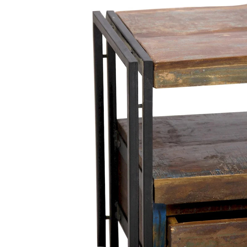 Meuble TV artisanal en bois ancien recyclé avec double tiroir (Inde) - 41 x 15,75 x 23,5