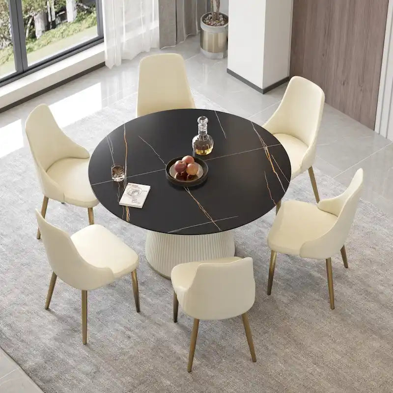 Table de salle à manger ronde sur pied en PU, imitation marbre