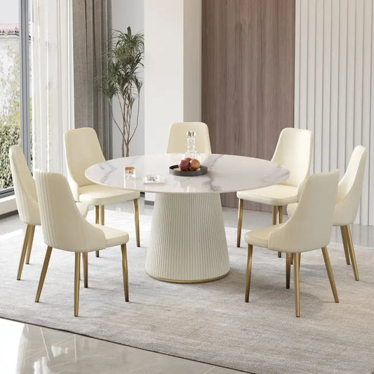 Round PU Pedestal Dining Table Faux Marble Dining Table