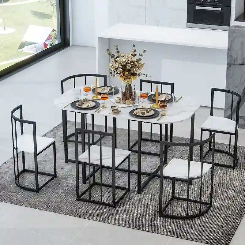 Mid-Century 7-Piece Dining Table Set for 6 People, Kitchen Dining Room Table Set with Faux Marble Dining Table and 6 Chairs