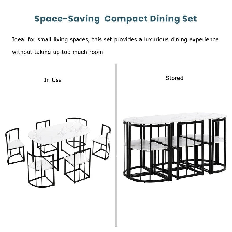 Ensemble de salle à manger style milieu du siècle 7 pièces pour 6 personnes, comprenant une table en faux marbre et 6 chaises.