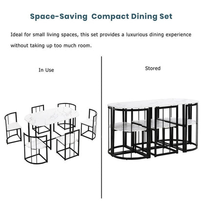 Ensemble de salle à manger style milieu du siècle 7 pièces pour 6 personnes, comprenant une table en faux marbre et 6 chaises.