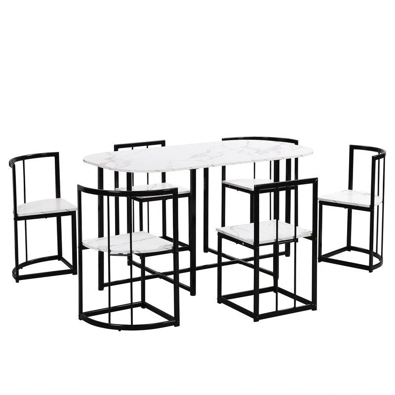 Ensemble de salle à manger style milieu du siècle 7 pièces pour 6 personnes, comprenant une table en faux marbre et 6 chaises.