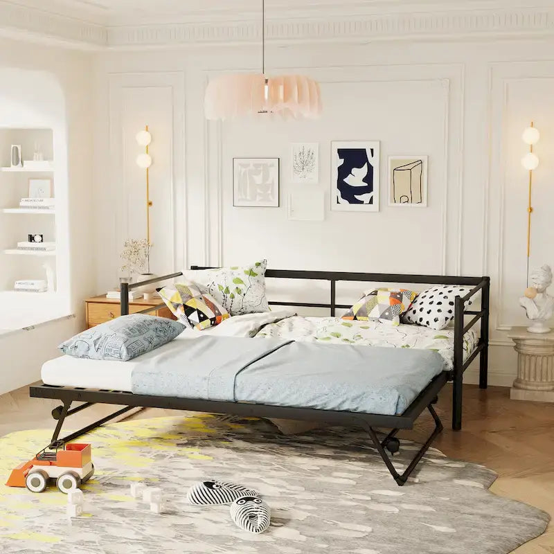 Lit de jour en métal pour une personne avec lit gigogne escamotable