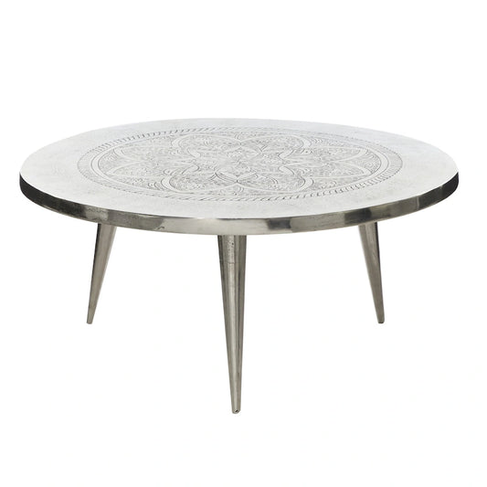 Aluminum Metal Floral Engraved Coffee Table with Tripod Legs - Silver - Roche River Decor - 35Wx35Lx16H