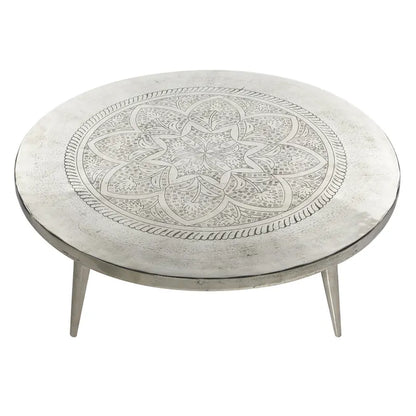 Table basse en aluminium à motif floral gravé, pieds tripodes - Argent - Roche River Decor - 35 cm x 35 cm x 16 cm