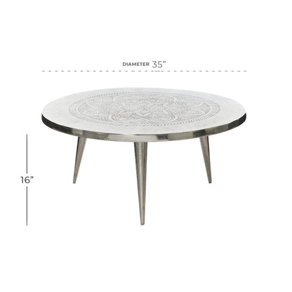 Table basse en aluminium à motif floral gravé, pieds tripodes - Argent - Roche River Decor - 35 cm x 35 cm x 16 cm