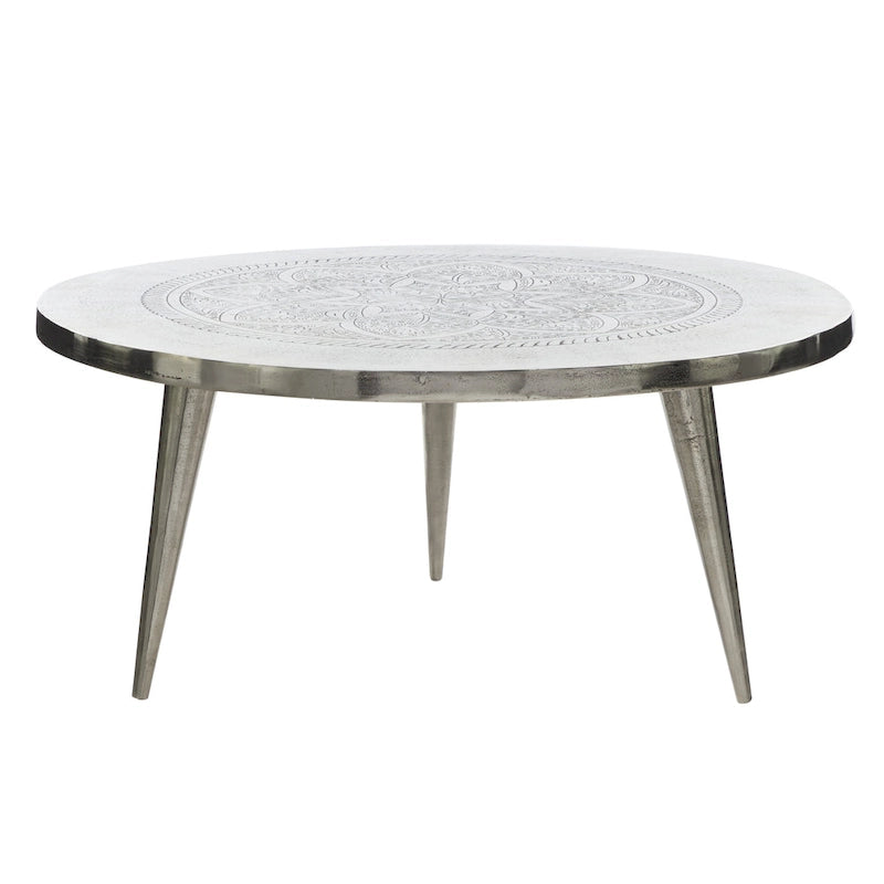 Table basse en aluminium à motif floral gravé, pieds tripodes - Argent - Roche River Decor - 35 cm x 35 cm x 16 cm