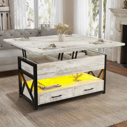 Table basse relevable avec 2 tiroirs et compartiment caché pour salon