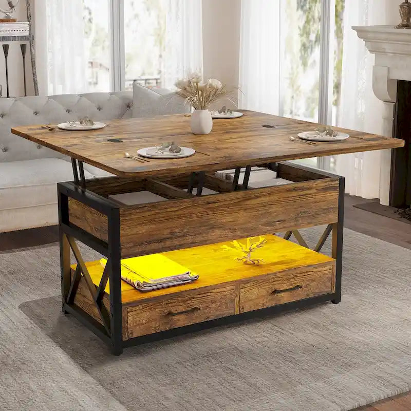 Table basse relevable avec 2 tiroirs et compartiment caché pour salon