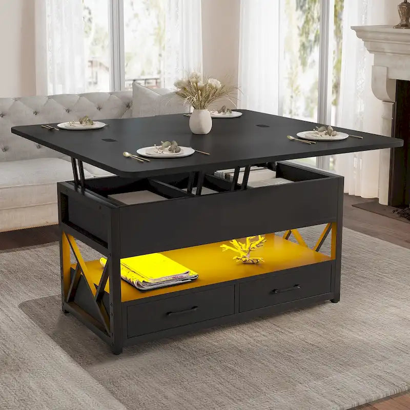 Table basse relevable avec 2 tiroirs et compartiment caché pour salon