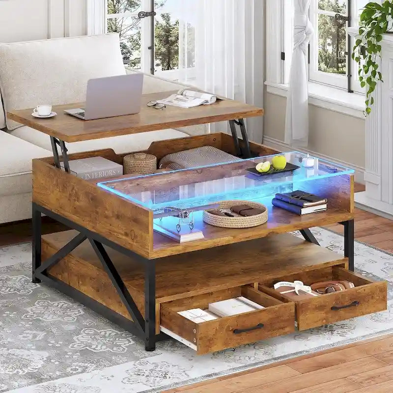 Table basse relevable avec 2 tiroirs et compartiment caché pour salon