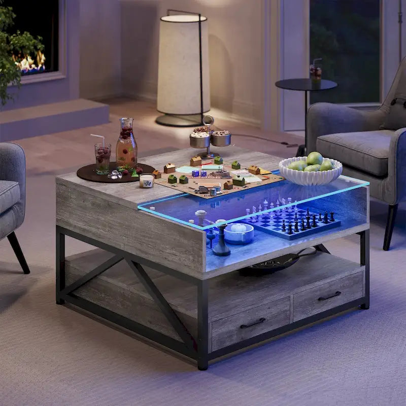 Table basse relevable avec 2 tiroirs et compartiment caché pour salon
