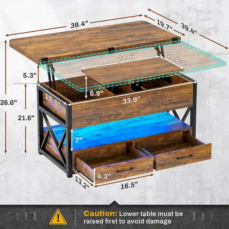 Table basse relevable avec 2 tiroirs et compartiment caché pour salon