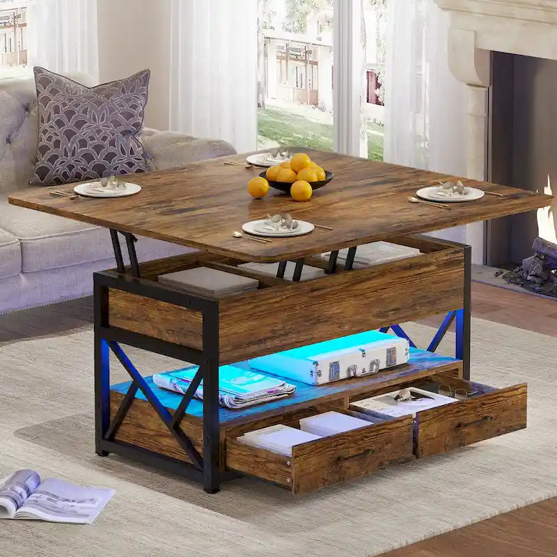 Table basse relevable avec 2 tiroirs et compartiment caché pour salon