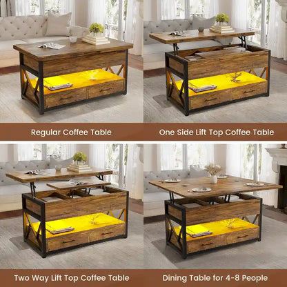 Table basse relevable avec 2 tiroirs et compartiment caché pour salon