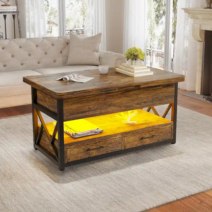 Table basse relevable avec 2 tiroirs et compartiment caché pour salon