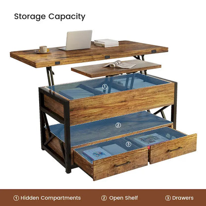 Table basse relevable avec 2 tiroirs et compartiment caché pour salon