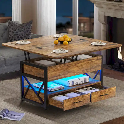 Table basse relevable avec 2 tiroirs et compartiment caché pour salon