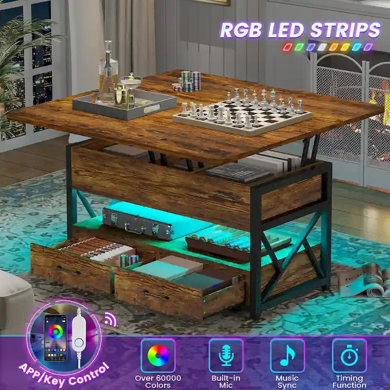 Table basse relevable avec 2 tiroirs et compartiment caché pour salon