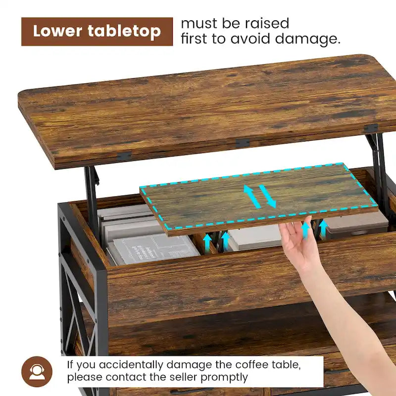 Table basse relevable avec 2 tiroirs et compartiment caché pour salon