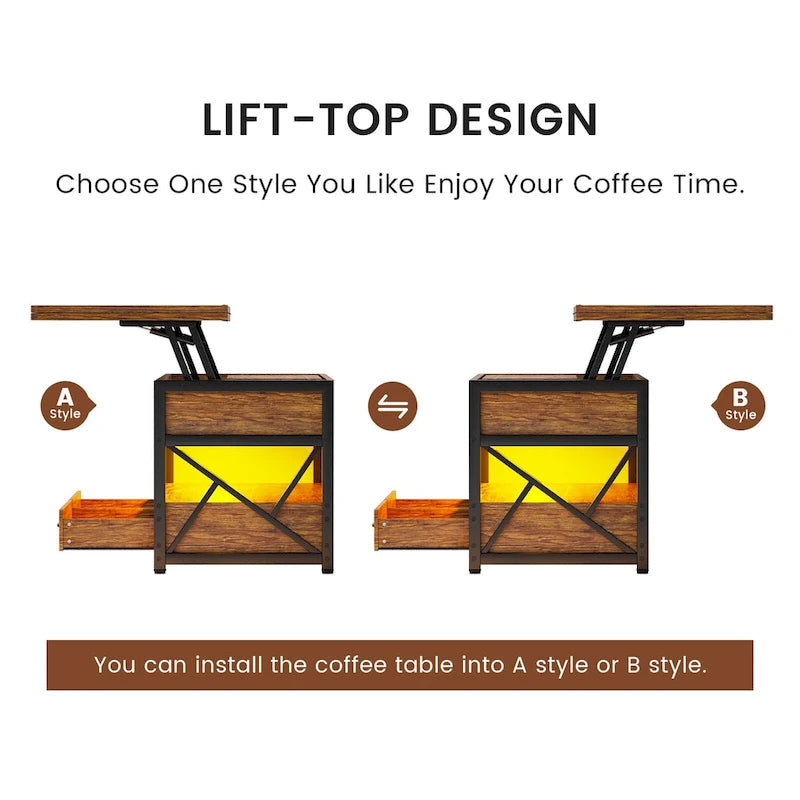 Table basse relevable avec 2 tiroirs et compartiment caché pour salon