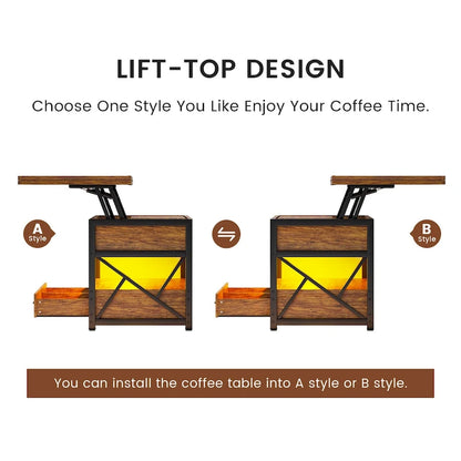 Table basse relevable avec 2 tiroirs et compartiment caché pour salon