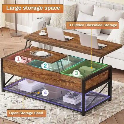 Table basse relevable avec 2 tiroirs et compartiment caché pour salon