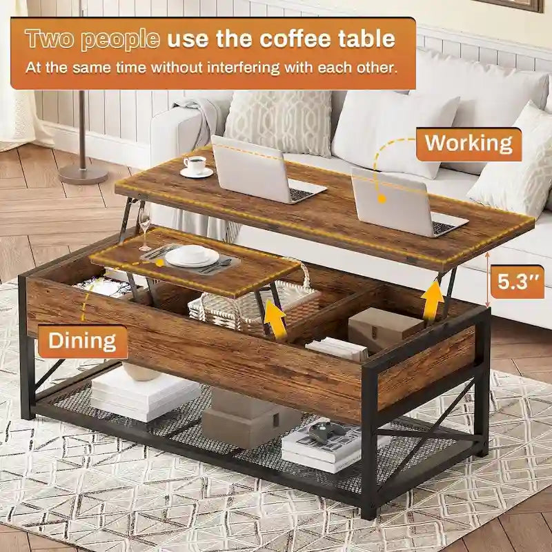 Table basse relevable avec 2 tiroirs et compartiment caché pour salon