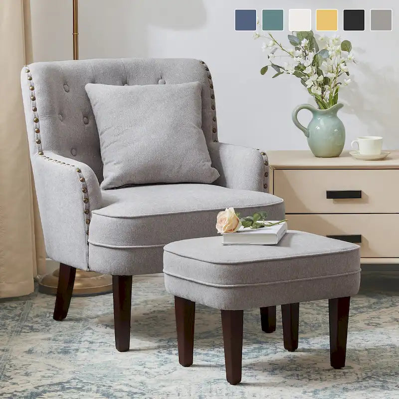 Club Chair Upholstered Button Tufted Accent Chair with Ottoman and Pillow