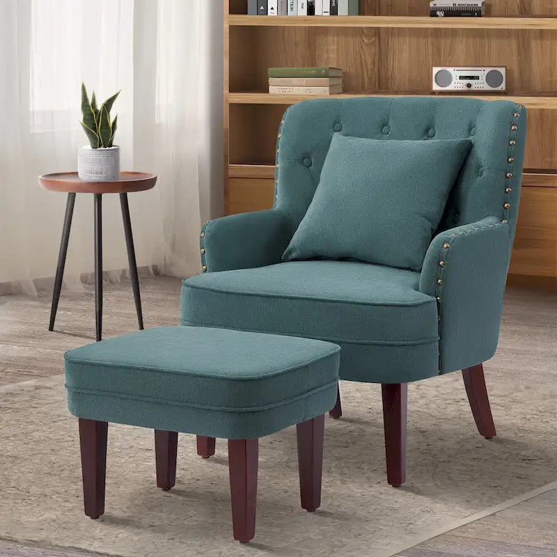 Fauteuil club capitonné avec repose-pieds et coussin