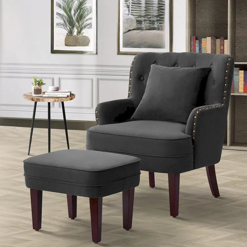 Fauteuil club capitonné avec repose-pieds et coussin