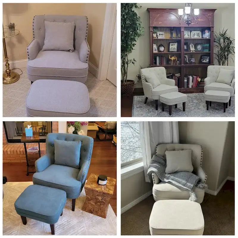 Fauteuil club capitonné avec repose-pieds et coussin