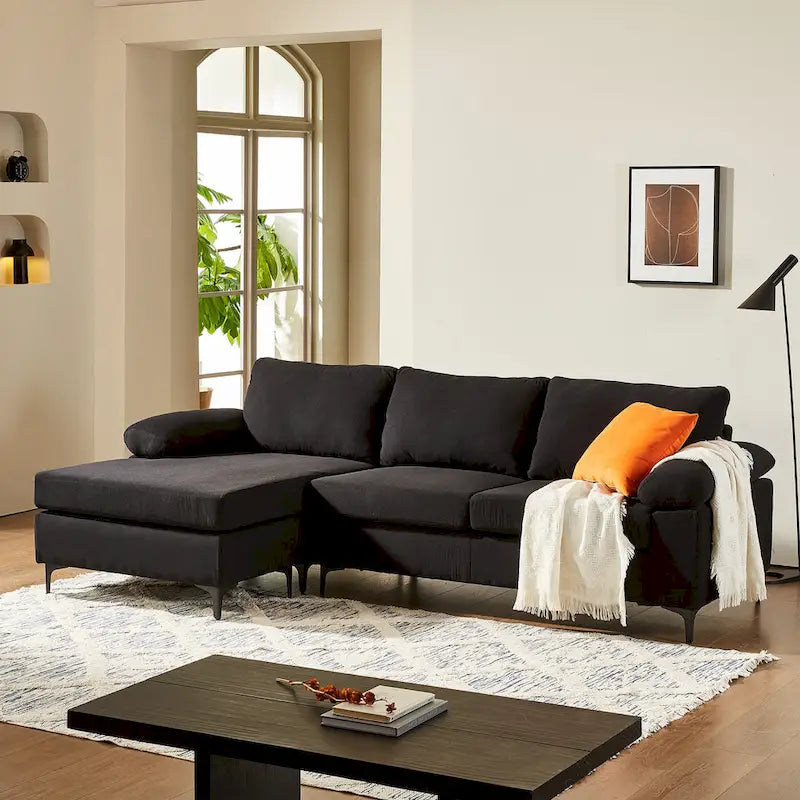 OVIOS Reversible Chaise Sofa With Fluffy Cushions Metal Legs