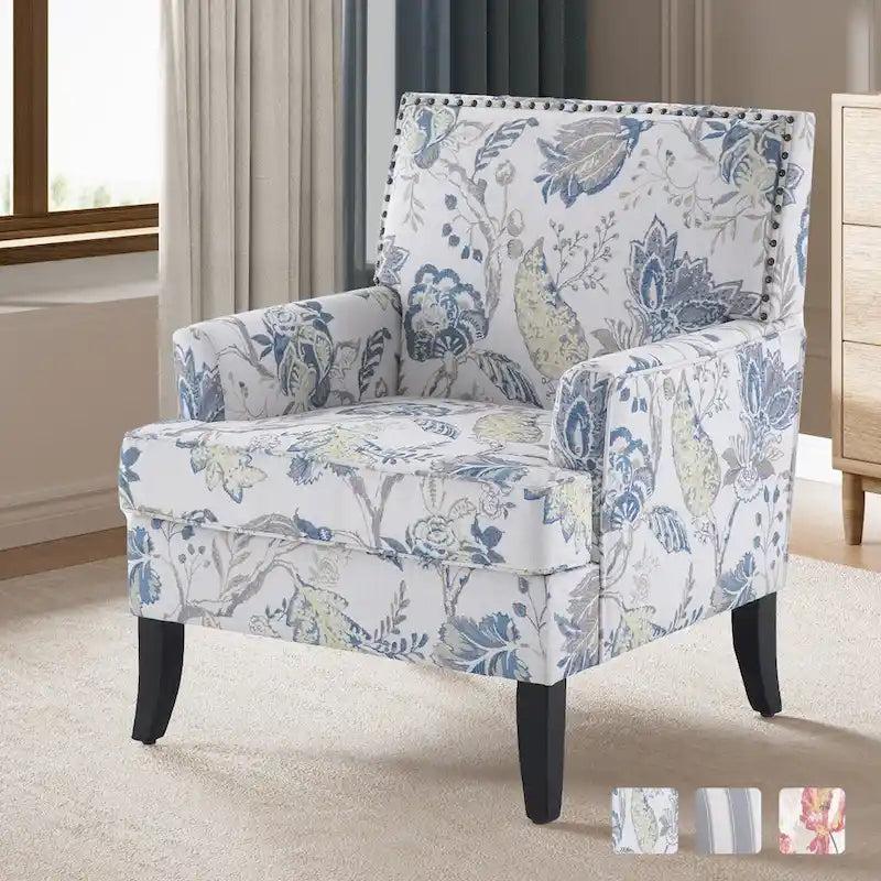 Club Chair Linen Upholstered Accent Armchair with Nailhead Trim and Wood Legs, Rivets design